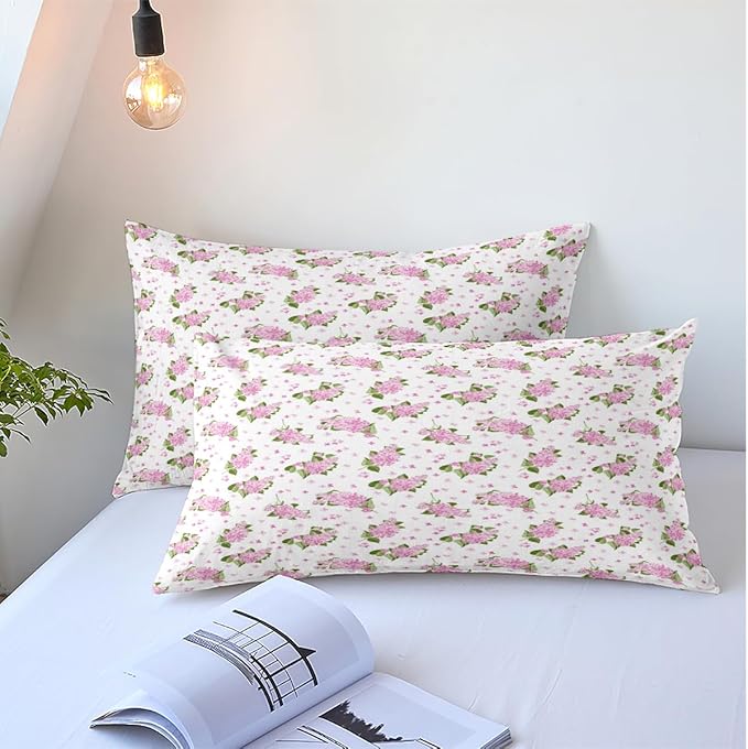 Floral Duvet Cover Queen Girl Pink Bedding Sets Garden Style Floral Comforter Cover Pink White Flower Bedding Sets Flower Branches Pattern Duvet Cover with Zipper Closure