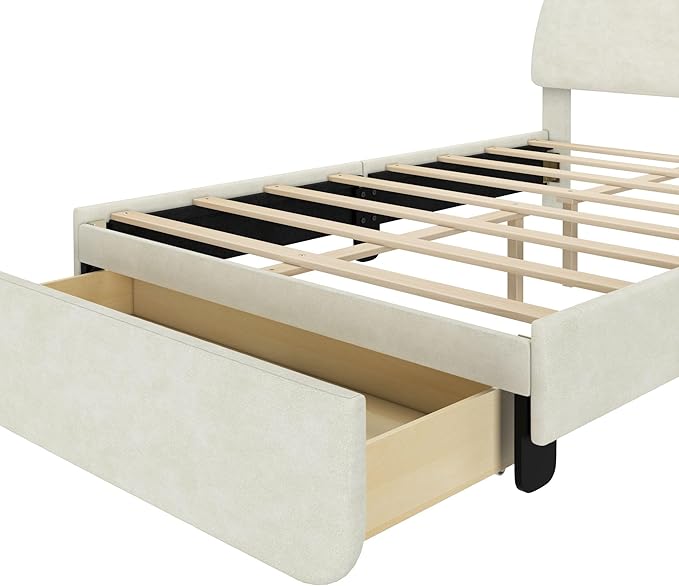 Max & Lily Upholstered Full Bed Frame with Arch Headboard with 1 Drawer End Storage, Upholstered Platform Bed for Kids, No Box Spring Needed, Easy Assembly, Cream