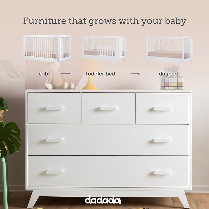 dadada Soho Baby Nursery Furniture Set. Baby Crib and Dresser Set Combo. Soho 3 in 1 Convertible Crib and 5 Drawer Nursery Dresser. White Beechwood