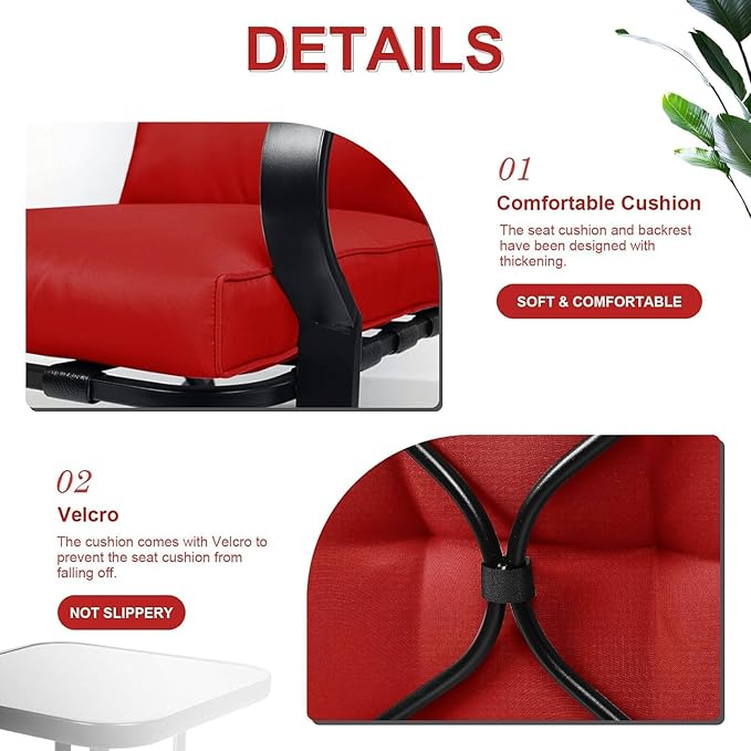 Oakcloud Oakmont Outdoor Furniture 3 Piece Conversation Bistro Set Rocking Chairs and Glass Top Table, Thick Cushions, Black Steel (Red)