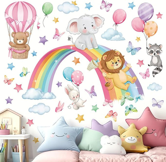 decalmile Rainbow Animal Wall Decals Elephant Lion Bear Clouds Wall Stickers Baby Nursery Kids Room Girls Bedroom Wall Decor