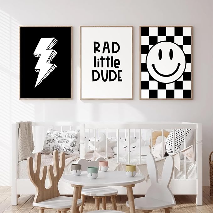Boys Room Wall Art Decor Set of 3 Toddler Nursery Canvas Wall Art Baby Kids Wall Decor Black Checkered Smiley Poster Pictures Retro Playroom Rad Little Dud Art Prints for Bedroom 12x16 Inch Unframed