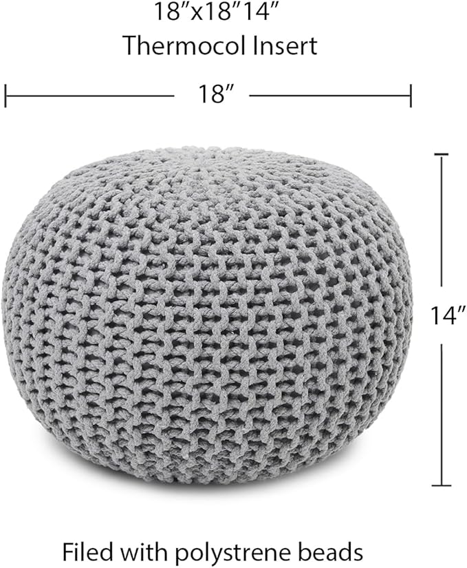 REDEARTH · Round Boho Pouf Ottoman - Cable Knitted Cord Boho Pouffe - Stuffed Poof Accent Beanbag Footrest for Living Room - Nursery - Bedroom - Covered Patio - Study Nook (18”x18”x14”) - Gray-S