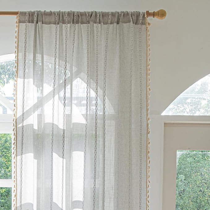 Deeprove Silver Grey Boho Curtains 72 inches Length, Vintage Bohemian Embroidery Farmhouse Cotton Linen Fringe Window Treatments Nursery Bedroom Living Room Dinging Room Decor, W52 x L72, 1 Panel