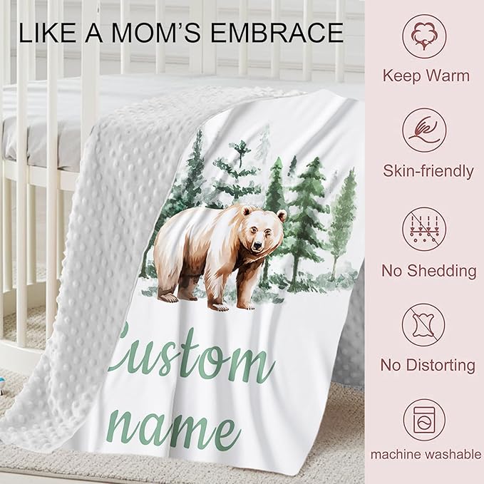 Personalized Crib Bedding Set for Boys Girls, Custom Baby Crib Sets with Name, Brown Bear Design Nursery Bedding 2 Piece - Soft Blanket with Double Layer Dotted Backing, Crib Fitted Sheet