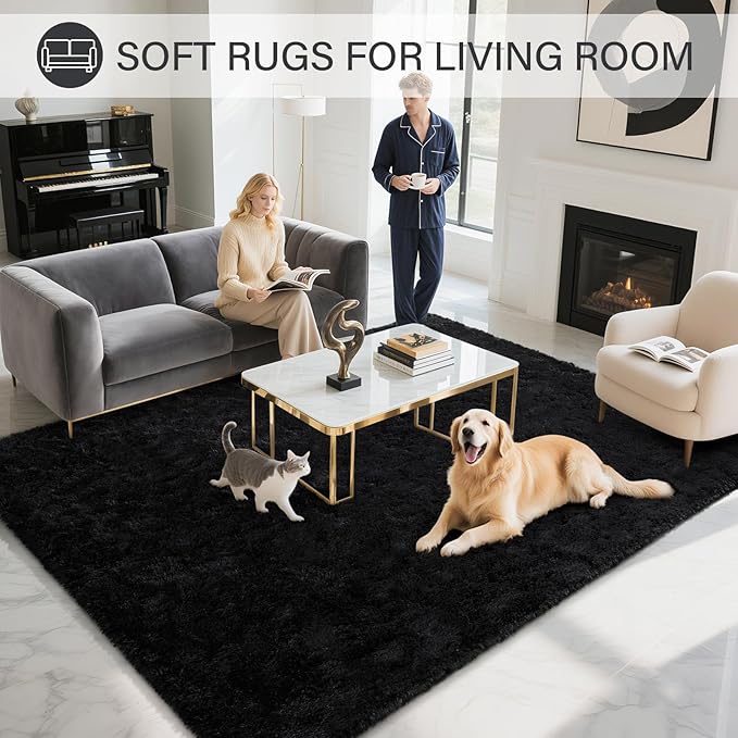 BENRON Fluffy Rugs for Living Room 5x8 Black, Washable Large Area Rugs for Bedroom Dining Table Office Kids Nursery Room, Washable Indoor Floor Carpets