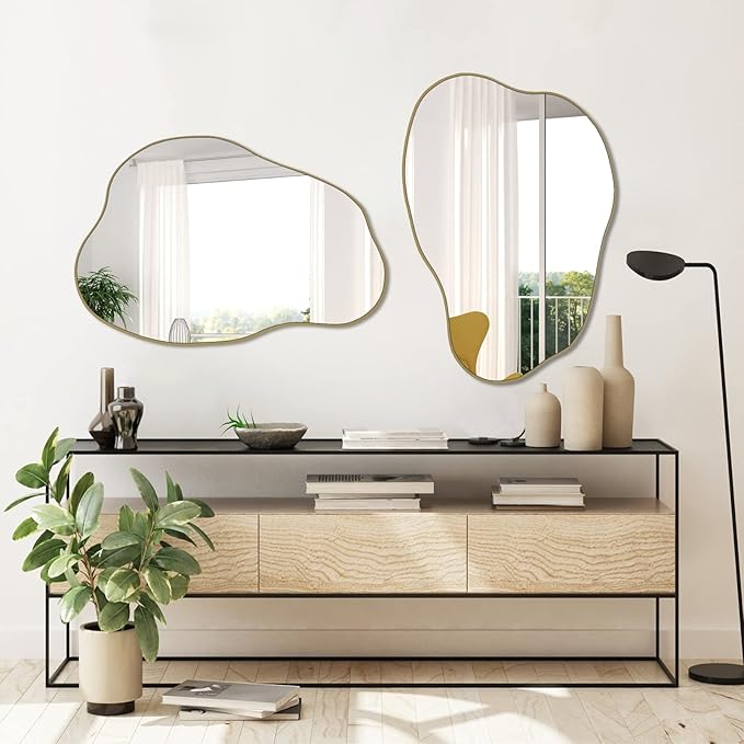 POZINO Gold Irregular Mirror, 30"x20.5" Cloud Shaped Mirrors, Unique Asymmetrical Wall Mirror, Modern Frameless Wall Mirrors for Living Room Bathroom Bedroom Entryway