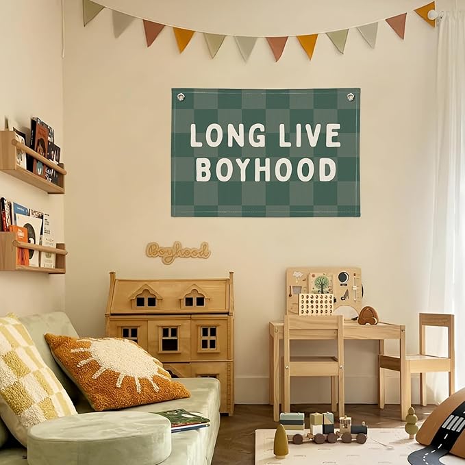 Long Live Boyhood Linen Banner – Boys Room Wall Hanging, Playroom & Nursery Decor, Toddler Room Flag, Aesthetic Boys Bedroom Sign – Forest Green & White