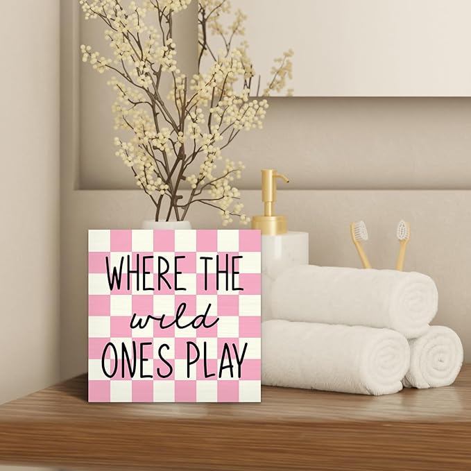 Where The Wild Ones Play Wood Box Sign Desk Decor 5X5, Nursery Kids Room Wooden Block Sign Decorations for Playroom Toddler Room Wall Tabletop Shelf Decor