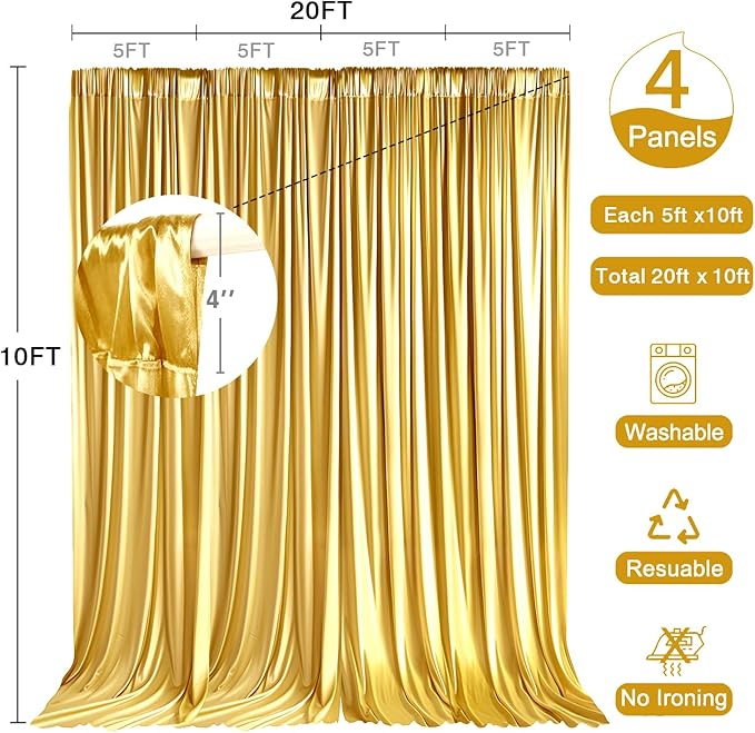 20x10ft Polyester Backdrop Gold Wedding Curtains Drapes Curtains Panels with Rod Pockets for Arch Party Stage Ceremony Photography Background Decoration W5' x H10'4 Panels YUNBSDJ070