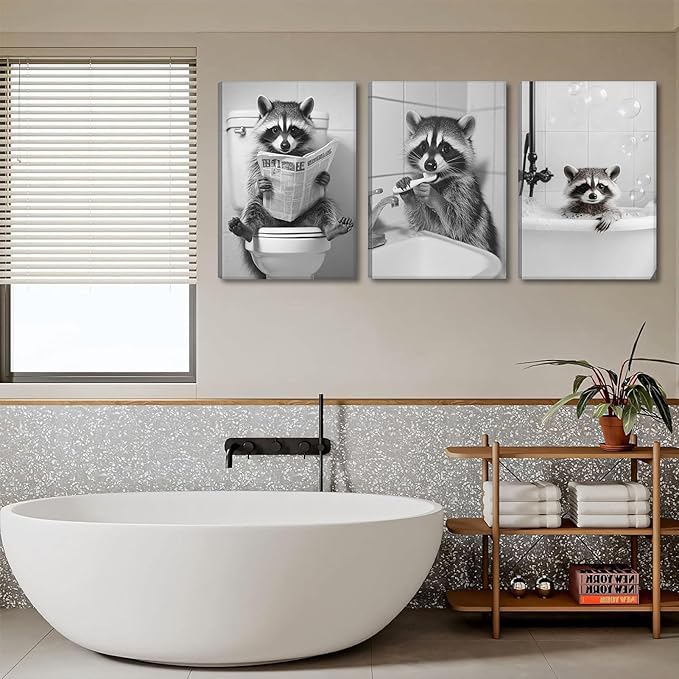 Funny Raccoon Bathroom Canvas Wall Art set of 3 Black and White Cute Raccoon Sitting on Toilet Poster Print Artwork Humor Adorable Animals Pictures Wall Decor for Washroom Restroom laundry 16x24in