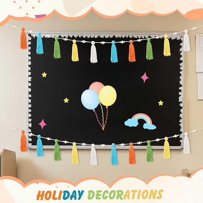 2 Pcs Tassel Garland with Wood Beads, Handmade Cotton Yarn Wall Hanging Banner Boho Tassel Wall Hanging Party Decor for Nursery, Birthday Baby Shower Home Classroom Decoration(Rainbow)