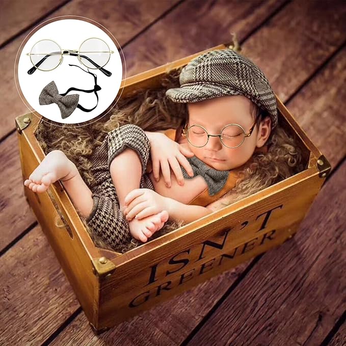SPOKKI 4 Pcs Newborn Baby Photo Props, Lattice Rompers Suspender Pants with Beret Glasses Bow Tie for Infant Boys' Costumes, Newborn Boy Photography Outfit Set, Checked Fabric Gentleman Suit (Brown)