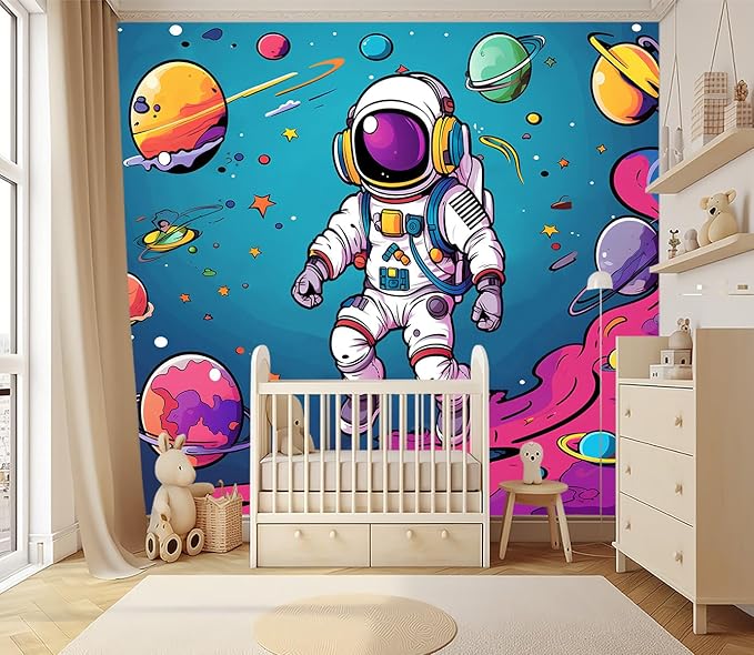 XMPMBM-3d Cartoon Astronauts Starship Nursery Room Fabric Wallpaper Hand-Painted Graffiti Planet Kids Gaming Room Wall Mural-W 88" X H 59"（36 Square Foot）