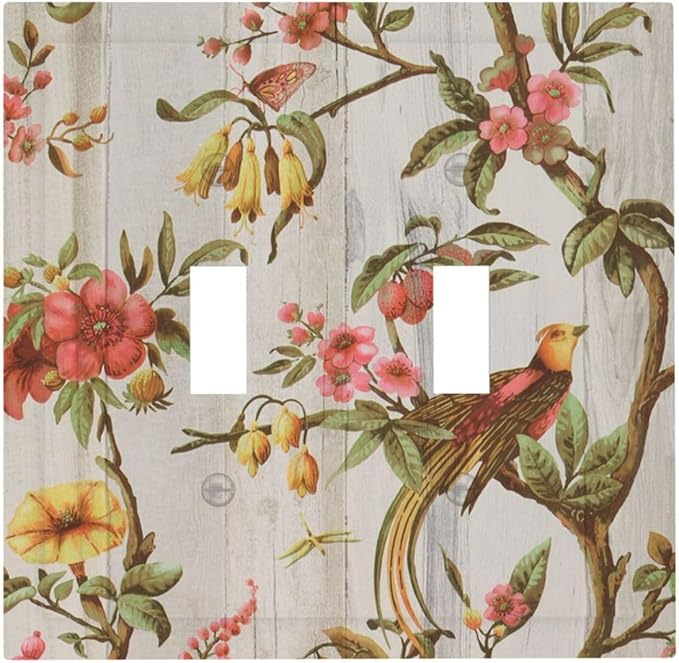 Flowers Bird Tree Retro Spring Floral Branch 2 Gang Light Switch Plate Decorative Double Toggle Wall Plate Oriental Chinese Landscape Drawn Receptacle Switchplate Decorate for Home Living Room Bedroom