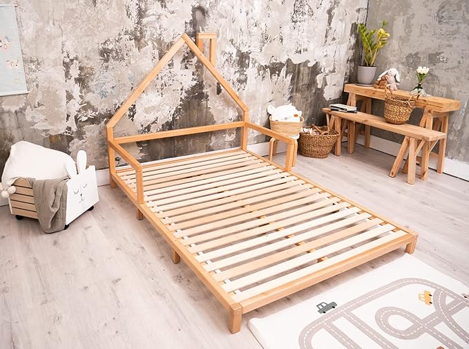 BUSY WOOD Montessori Bed for Toddlers - Twin Bed for Toddlers - Full Bed Floor - Bed with Rails - Montessori Bed - House Bed Frame - Montessori Full Size Bed Frame - Toddler Bed Queen (Model 3)