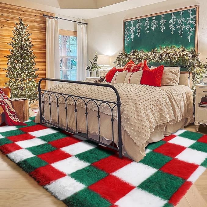 KICMOR Christmas Area Rug for Bedroom Living Room, 4x6 Fluffy Soft Red Green White Checkered Shag Rug Fuzzy Shaggy Bedside Carpet, Indoor Plush Floor Rugs for Kids Boys Girls Room Holiday Home Decor
