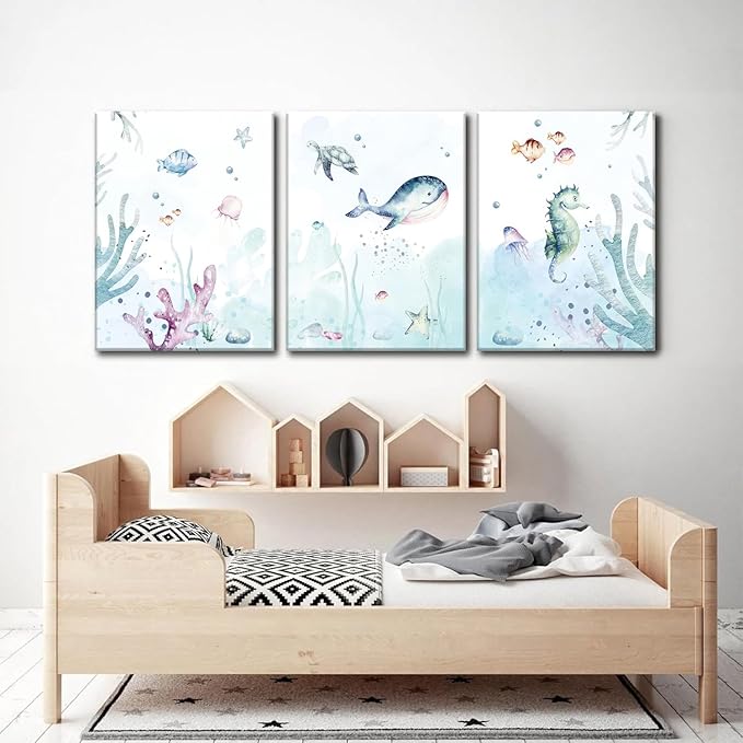 Wodkwq Ocean Nursery Decor, Set of 3 Boys Room Sea Animal Wall Art Picture Canvas Prints, 12x16 Inch Framed