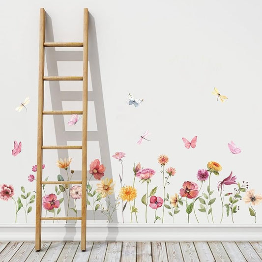 Watercolor Garden Flower Wall Decals, Peel and Stick Creative Colorful Butterfly Floral Wall Stickers, Multicolor Wildflower Wall Decor for Girls Room Nursery Bedroom Window