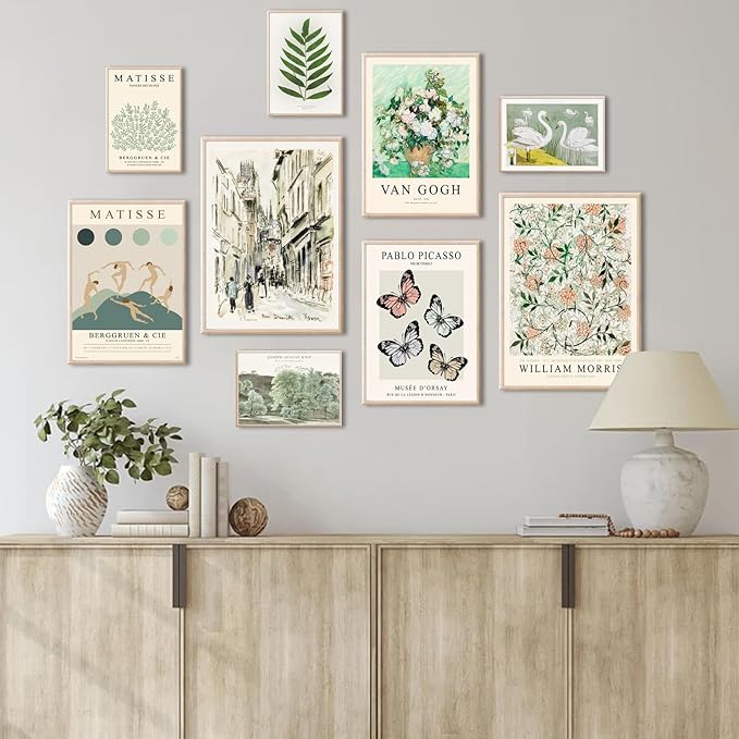 uniro Sage Green Eclectic Wall Art Prints, 9 Pcs Matisse Wall Art Exhibition Posters for Room Aesthetic, Van Gogh William Morris Matisse Picasso Green Eclectic Gallery Wall Decor, Maximalist Canvas