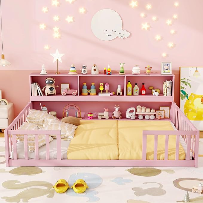 KOMFOTT Full Floor Bed with Bookcase & Shelves, Wood Bed Frame with Bedside Bookshelves & Guardrails, Versatile 2-in-1 Montessori Floor Bed for Kids (Full,Pink)