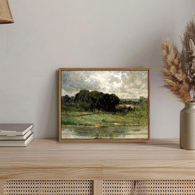 OIQArtOIQ Framed Vintage Landscape Wall Art Lake Natural Scenery Oil Painting Canvas Prints Country Farmhouse Decor Aesthetic Pictures for Kitchen Bedroom Living Room Bathroom