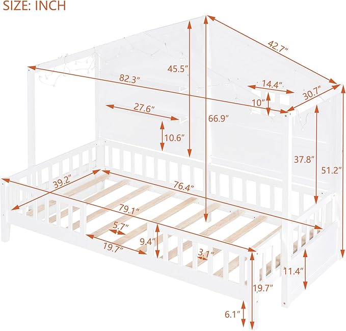 Merax Twin Size House Bed with Shelves, House Bed with Window and Sparkling Light Strip on The Roof, White