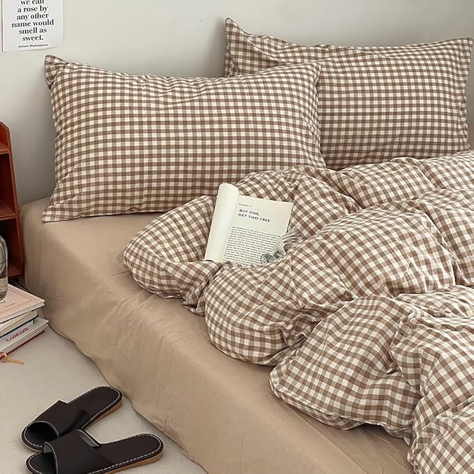Nayoroom Brown Gingham Comforter Set King Size Tan Plaid Checkered Comforter 3 Pieces Soft Lightweight Grid Farmhouse Dorm Bedding Set for All Seasons