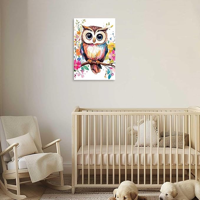AWPANERAR Owl Canvas Wall Art Watercolor Owl Picture Prints Colorful Flower Painting Cute Animals Poster for Nursery Kids Room Decor Framed (30L x 20W)