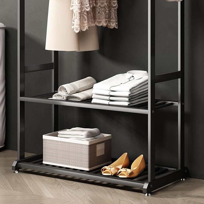 Heavy duty clothes rack,Metal Clothing rack for hanging clothes,garment rack with bottom shelves and 6 side hooks for bedroom cloakroom(black, L:39.4)