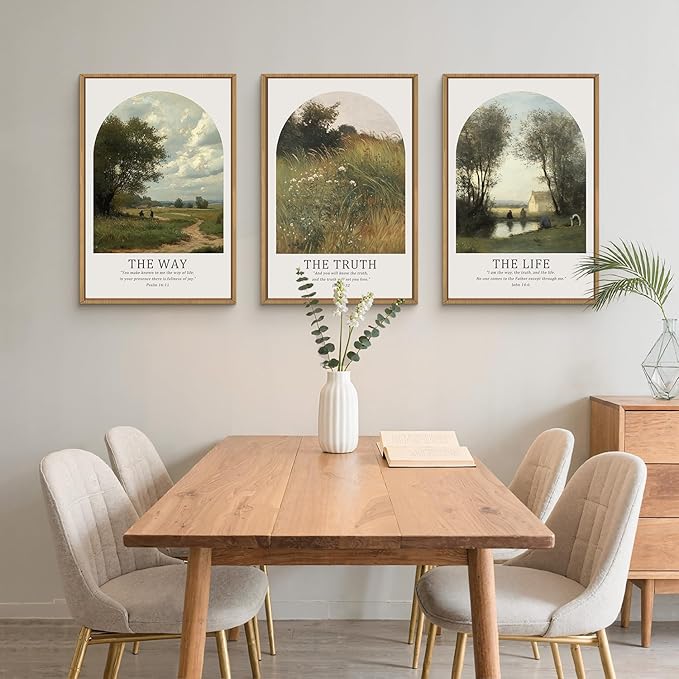 FWIEXA Christian Bible Verse Canvas Wall Art Set 3, Vintage Scripture Framed Painting, Religious Landscape Decor, The Way The Truth The Life Artwork, 24x36In Prints for Living Room,Bedroom,Prayer Room