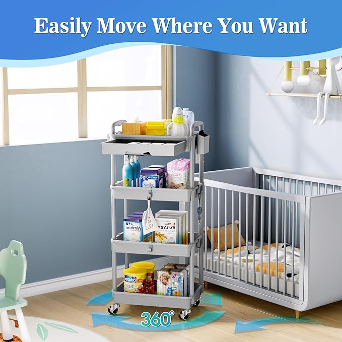 4 Tier Rolling Utility Cart with Drawer, Storage Organizer Cart with 2 Lockable Wheels, Multifunctional Rolling Storage Cart for Bathroom, Kitchen, Craft, Makeup, Baby Essentials, Gray