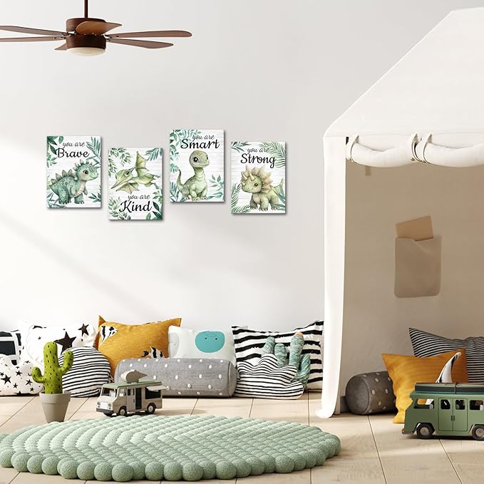 Artmyharbor Woodland Nursery Decor Sage Green Wall Art for Bedroom 4 Piece Wall Art Dinosaur Print