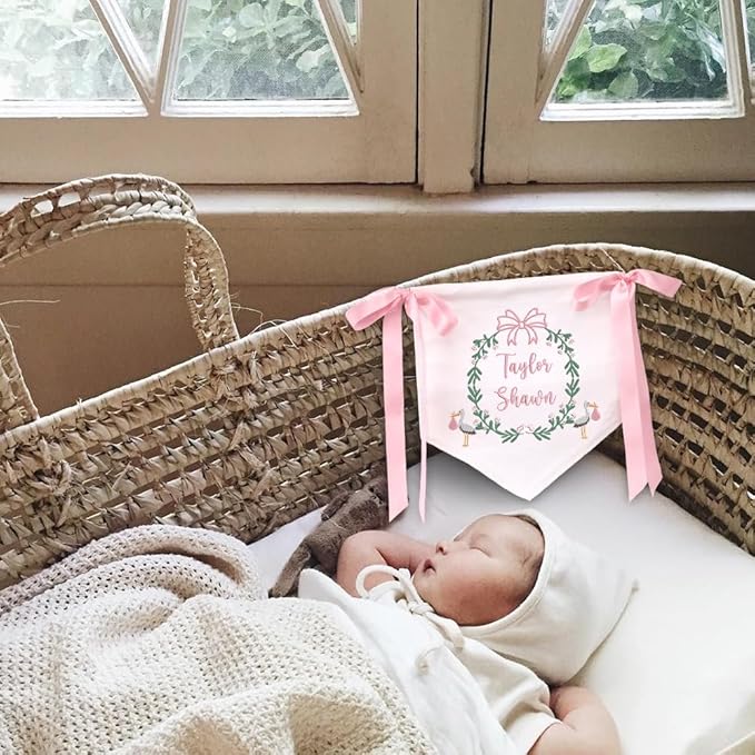 Embroidered Baby Name Sign Personalized Baby Announcement Sign Newborn Baby Banner with Bows Baby Hospital Name Sign Canvas Hanging Pennant Flag Custom Infant Baby Name Baby Shower Banner (12)
