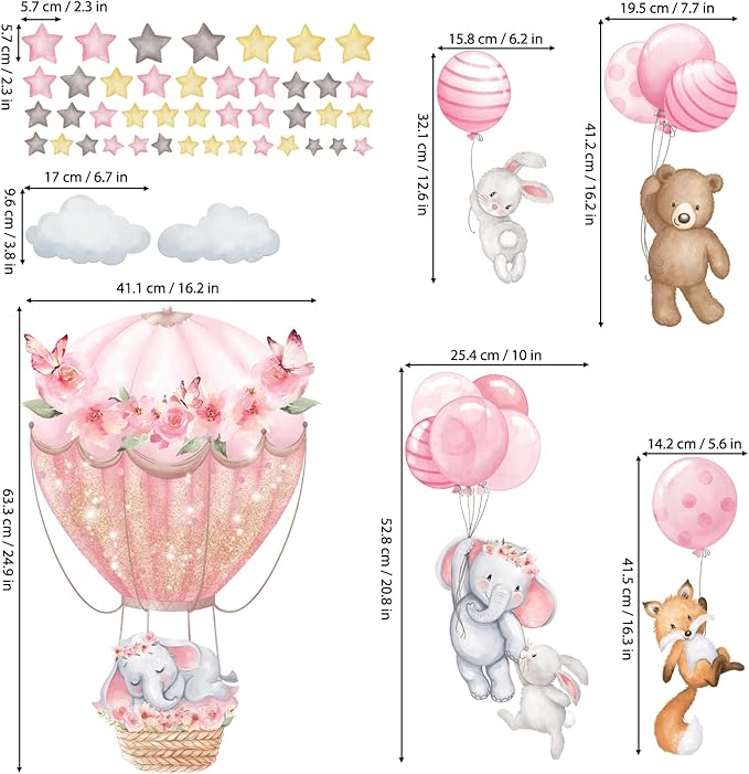 DECOWALL SG2-2408 Animal Hot air Balloon Balloons Wall Stickers Decals Flowers Elephant Bear Baby Nursery Bedroom Girls Toddler Pink Room Home Décor Decorations Kids Fox Rabbit Peel and Stick