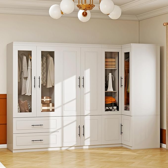White Armoire Wardrobe Closet with 4 Drawer: Glass Door Wood Wardrobe Closet Wooden Combination Corner Cabinet Bedroom Armoire with Hanging Rods for Home/Bedroom/Living Room