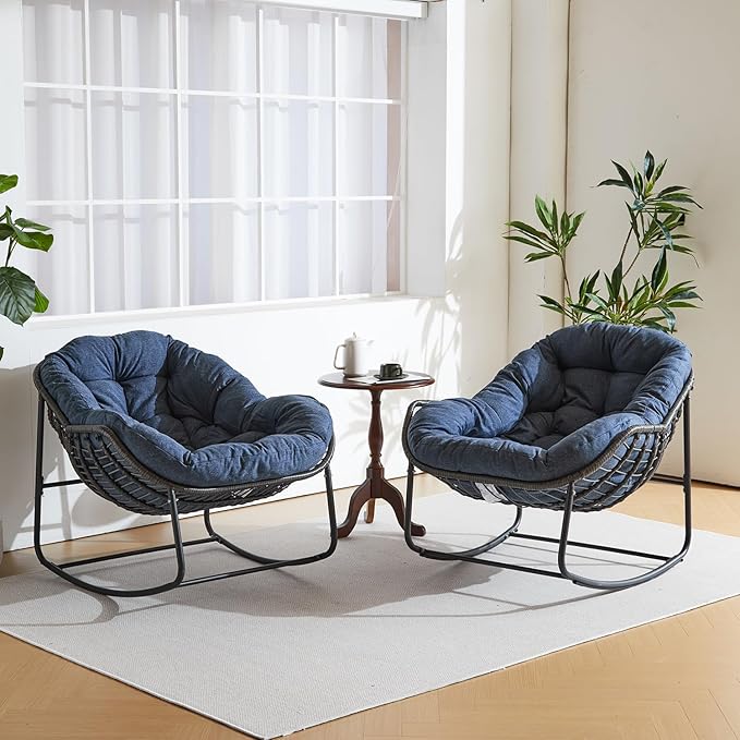 Oversized Outdoor Papasan Rocking Chair Set of 2 with Soft Cushion, Comfy Patio Egg Chair, Wicker Lounge Rocker for Balcony/Porch/Garden, Reinforced All Weather Rattan Frame, Navy Blue