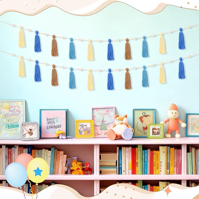 2 Pcs Tassel Garland with Wood Beads, Handmade Cotton Yarn Wall Hanging Banner Boho Tassel Wall Hanging Party Decor for Nursery, Birthday Baby Shower Home Classroom Decoration(Pastel)