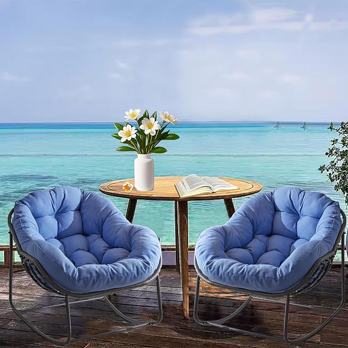 Oversized Outdoor Papasan Rocking Chair Set of 2 with Soft Cushion, Comfy Patio Egg Chair, Wicker Lounge Rocker for Balcony/Porch/Garden, Reinforced All Weather Rattan Frame, Royal Blue