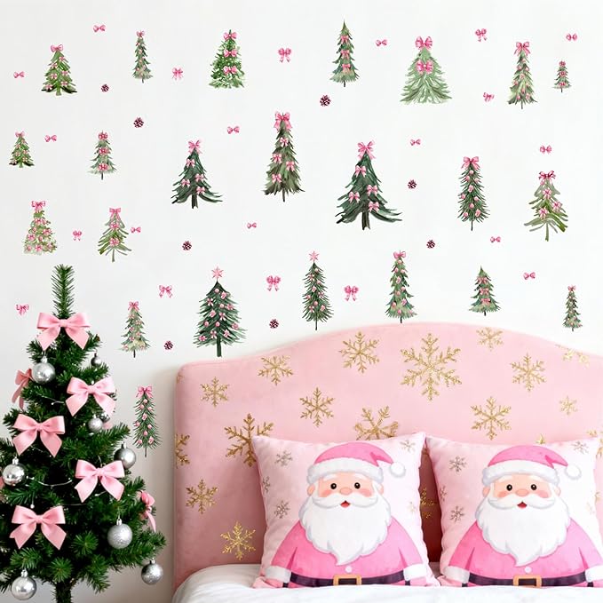 Christmas Tree Window Decals Small Pine Trees Wall Stickers Pink Bow Trees Windows Decals Watercolor Winter Green Tree Wall Stickers Removable Xmas Holiday Windows Decoration for Party Supplies