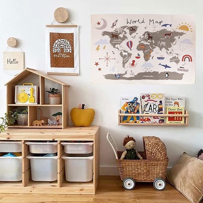 Charlbytion World Maps for Wall, Adorable Alphabet Canvas Art Poster Wall Hanging,Kids Room School Bedroom Photography Background Props Decor (31.5"x23.5", Khaki)