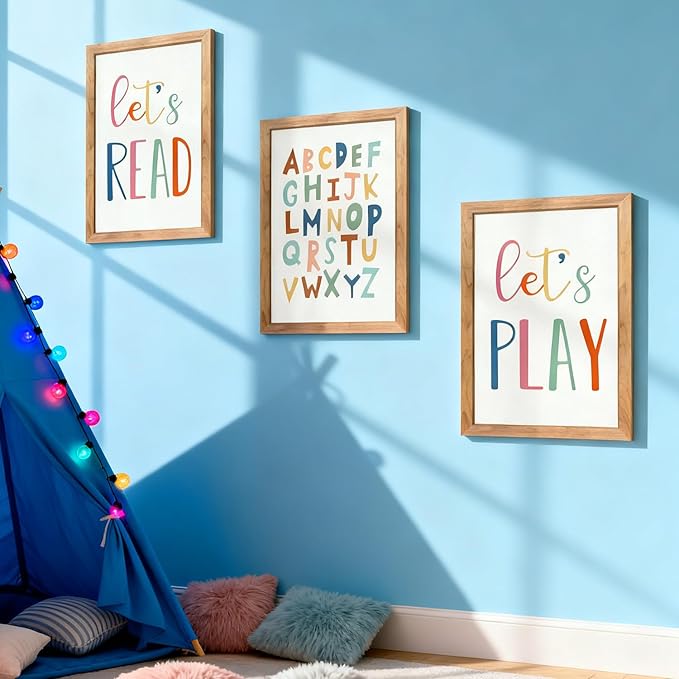 3 PCS Alphabet Framed Playroom Wall Decor,Classroom Must Haves Boho Educational ABC Poster Wooden Sign for Baby Girl Kid Boy Toddlers,Neutral Preschool English Letters Nursery Decor for Homeschool Kindergarten Kids Learning Natural