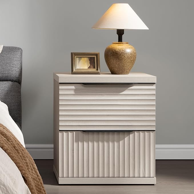 SICOTAS Fluted Night Stand - Modern 22 Inch Nightstand with 2 Storage Drawers, Fluted Bedside Tables for Bedroom, Tall Nightstands Mid Century Modern Bed Side End Table, White Alder