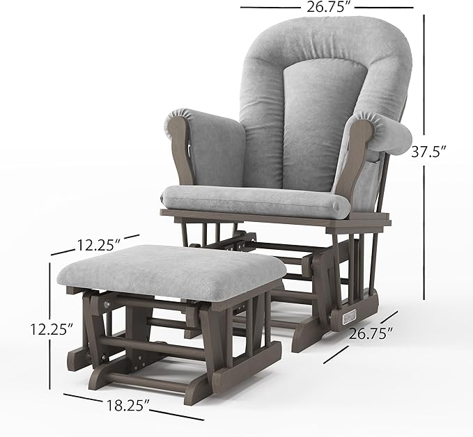 Child Craft Cozy Glider Rocker and Ottoman Set, Padded Cushion with Convenient Storage Pockets, Solid Wood Base & Frame (Dapper Gray with Light Gray Cushion)
