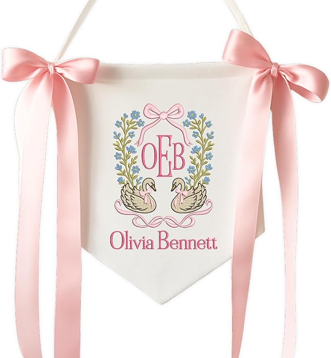 Embroidered Baby Name Sign with Bows Personalized Baby Announcement Sign Newborn Baby Banner Baby Hospital Name Sign Canvas Hanging Pennant Flag Custom Infant Baby Name Baby Shower Banner (07)