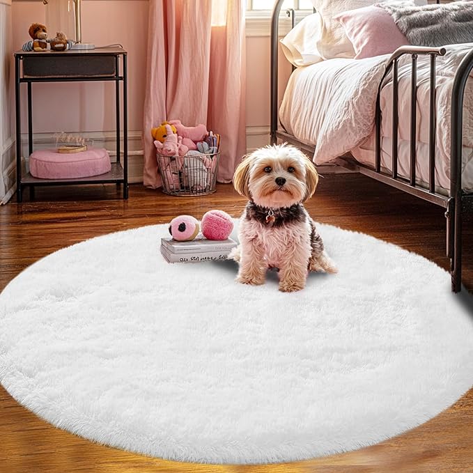 Round Rugs for Bedroom White : 3ft Fluffy Circle Area Rug for Kids Room- Furry Fuzzy Carpet for Girls Room- Soft Plush Rug for Dorm, Baby Rug