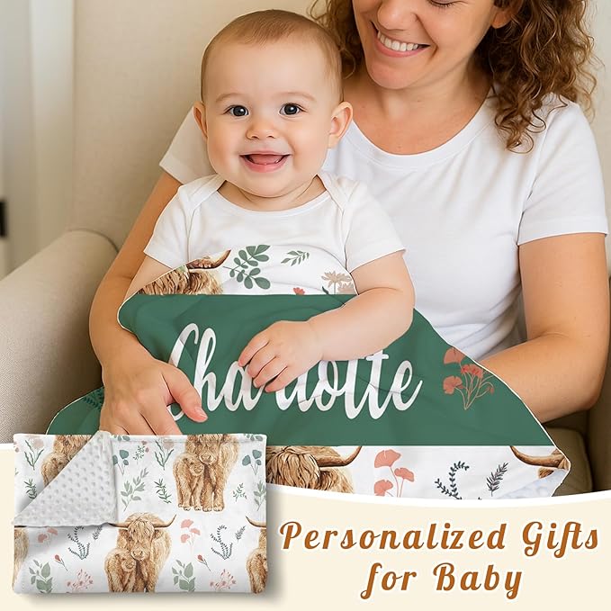 Personalized Baby Name Blanket for Boy Girl, Soft Flannel Blanket with Double Layer Dotted Backing for Infant Newborn, Nursery Crib with Floral Highland Cow Design, Gifts for New Mom(47" x60)