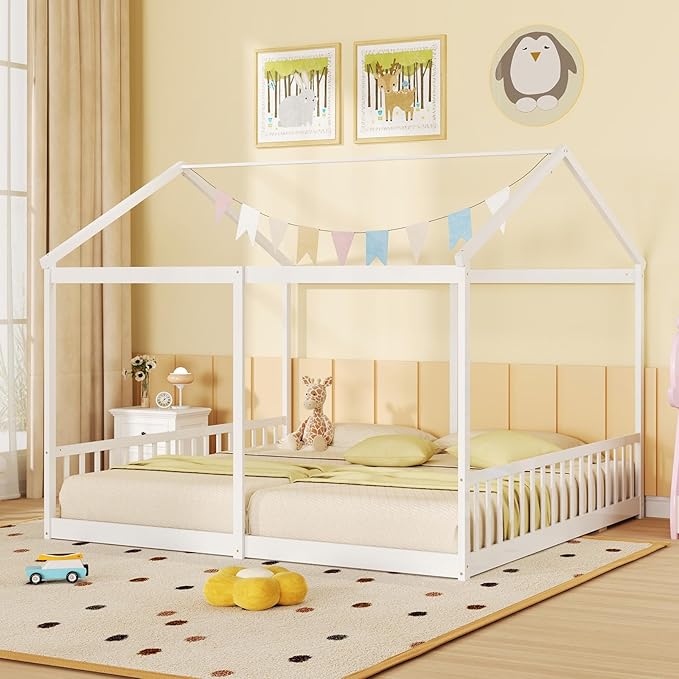 Giantex Double Twin Floor Beds for 2 Kids, Wood Montessori Bed with Fence & Roof, Wooden Slat Support, Easy Assemble, No Box Spring Needed, for Twins, Girls, Boys, White