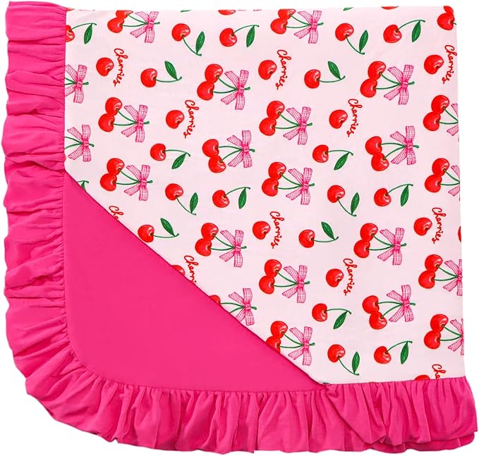 Premium Baby Blankets, Soft Viscose from Bamboo Blanket for Girls, Nursery Crib Bedding Quilt for Newborn and Toddler, Ruffle Blanket Cooling for Hot Sleepers, 50''x50'' Sweet Cherries