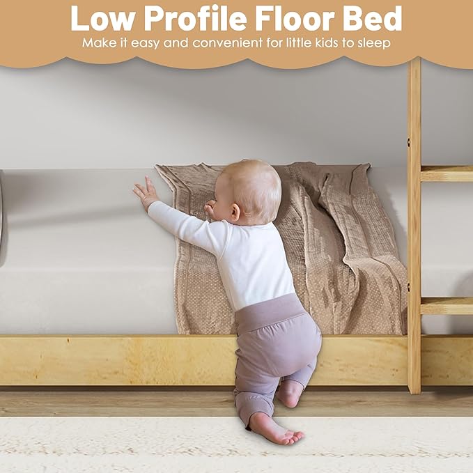 Bunk Bed Twin Over Twin, Wood Low Profile Floor Twin Bunk Beds with Ladder Guardrails for Kids Boys and Girls, No Box Spring Needed